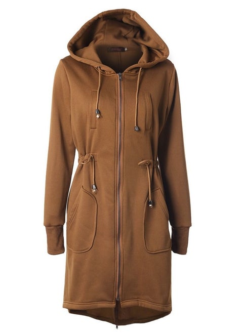 Drawstring Waist Zip Side Pocket Hoodie Brown
