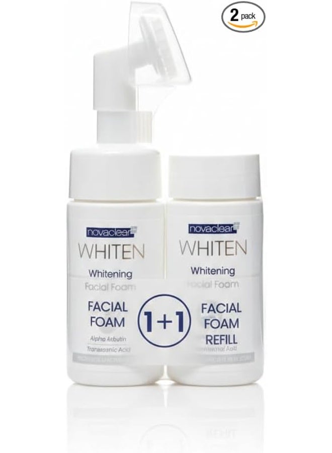 نوفاكلير Novaclear Whiten Facial Foam 1+1 Bundle – Skin Brightening Cleanser with 100ml Refill – Dark Spot Corrector for Face with Silicone Brush – Alpha Arbutin & Vitamin C - Image 1