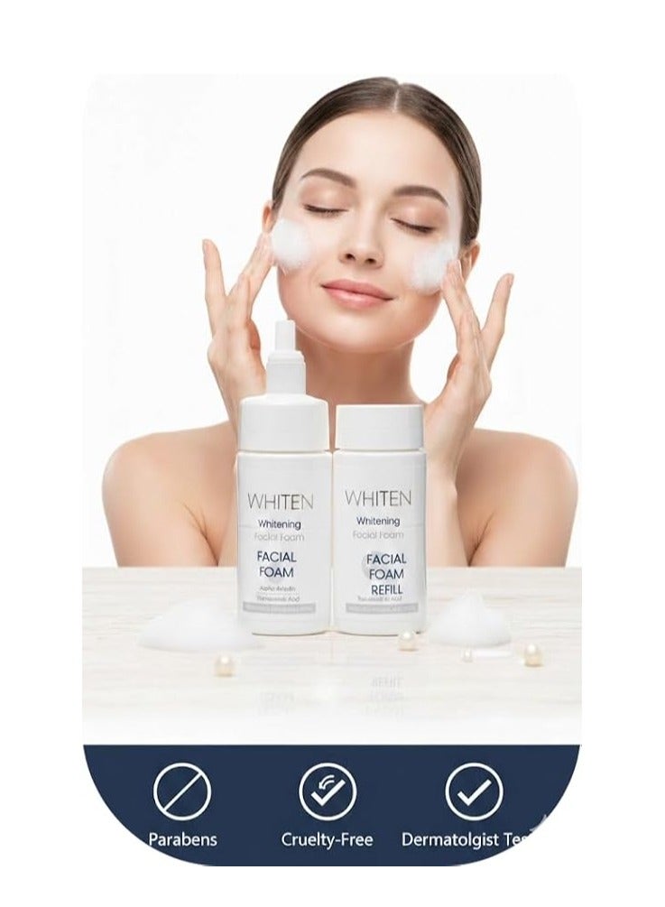 نوفاكلير Novaclear Whiten Facial Foam 1+1 Bundle – Skin Brightening Cleanser with 100ml Refill – Dark Spot Corrector for Face with Silicone Brush – Alpha Arbutin & Vitamin C - Image 2