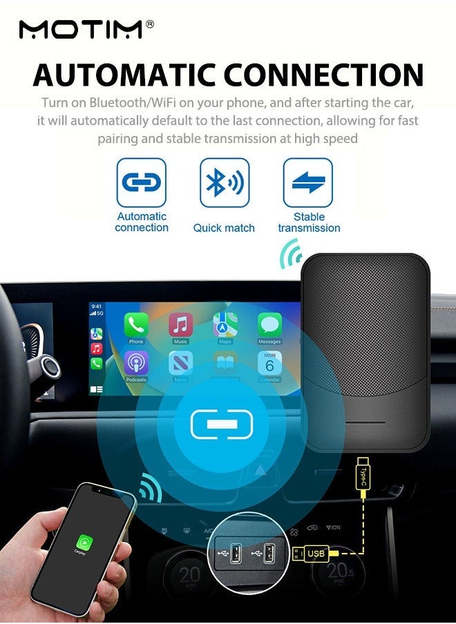Motim Wireless Carplay Adapter, Smart Car Box, Wireless Carplay Adapter, Convert Wired to Wireless Dongle Cars for iPhone , Plug & Play, 5GHz WiFi & Bluetooth 5.0, for iOS 10+ & Android 11+ - Image 2