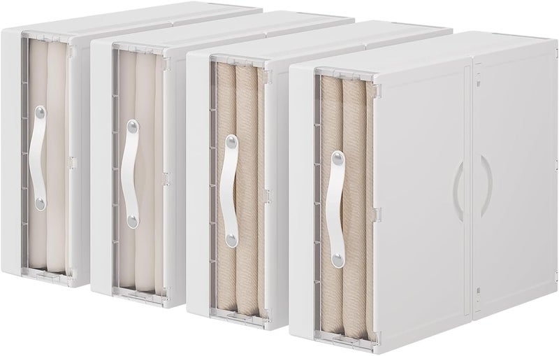 GUDEMAY Bed Sheet Organizers and Storage Plastic 4 pcs Foldable Closet Organizer with Handle Bedding Storage Box Container for Blanket Duvet Cover Set Bed Sheet Set White