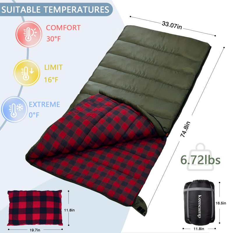 Keencamp 0 Degree Sleeping Bag Cotton Flannel Winter Cold Weather for Adults XXL Sleeping Bag 4 Season Big and Tall with Pillow Compression Sack - Image 2