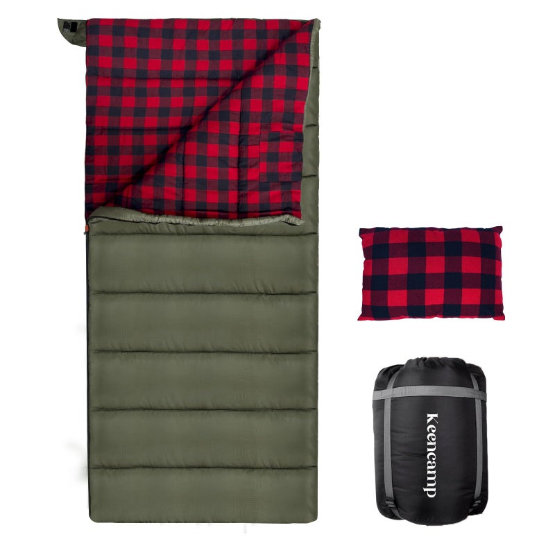Keencamp 0 Degree Sleeping Bag Cotton Flannel Winter Cold Weather for Adults XXL Sleeping Bag 4 Season Big and Tall with Pillow Compression Sack - Image 1