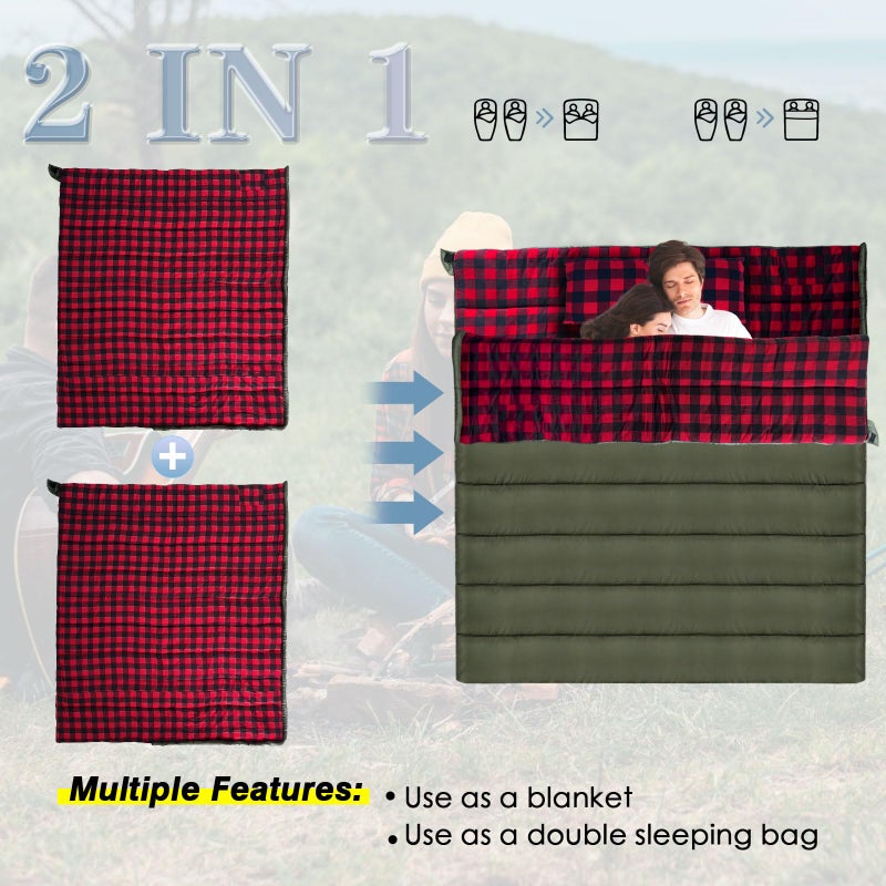 Keencamp 0 Degree Sleeping Bag Cotton Flannel Winter Cold Weather for Adults XXL Sleeping Bag 4 Season Big and Tall with Pillow Compression Sack - Image 5
