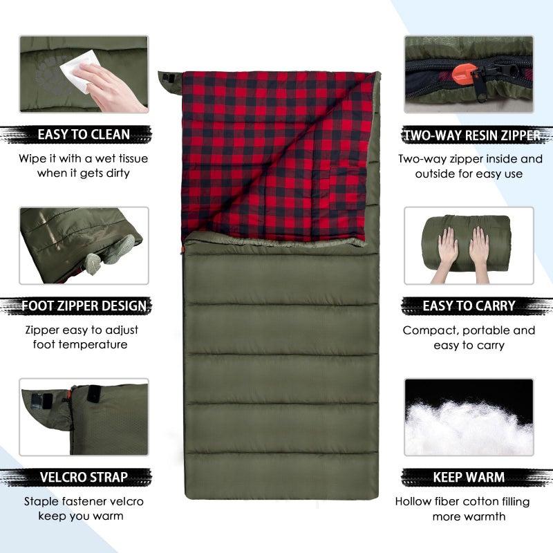 Keencamp 0 Degree Sleeping Bag Cotton Flannel Winter Cold Weather for Adults XXL Sleeping Bag 4 Season Big and Tall with Pillow Compression Sack - Image 3