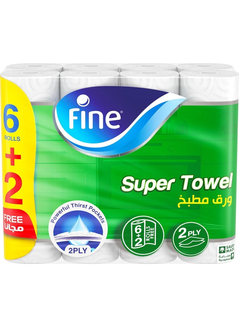 Fine Super Towel Kitchen Tissue, 8 Rolls | 2-Ply Strength, 40 Sheets per Roll for Multi-Surface Cleaning - Image 1