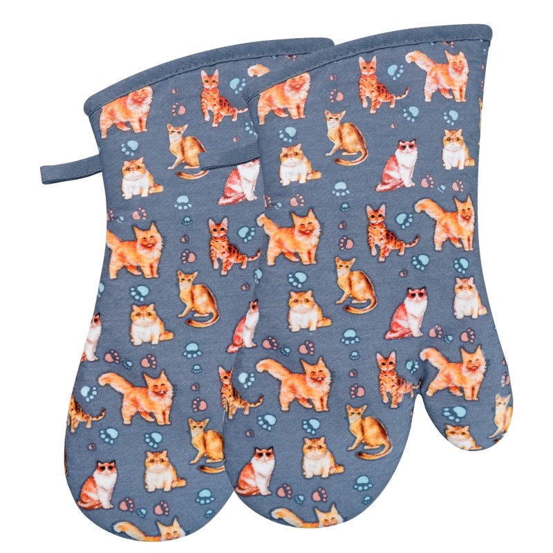 Oven Mitts Gloves 1 Pair Heat Resistant 480  Non Slip Clear Silicone Printed Cat Comfortable Cotton Lining Kitchen Men Cooking Barbecue Machine Washable Cat Blue Mitts