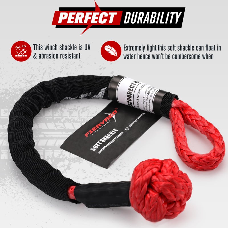FieryRed Synthetic 1/2"x22" Soft Shackle with Snatch Ring, Recovery Rope 38000lbs Towing Ring 44000lbs Breaking Strength for Towing Truck ATV UTV SUVs Off-Road Vehicel, Black&Red - Image 2