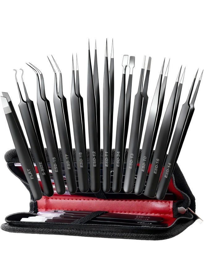 Antonki 12 Pack Precision Tweezers Set for Craft, Soldering, Jewelry, Facial Hair, Eyebrow, Ingrown Hair Removal, Eyelash Extension- with Case - Image 1