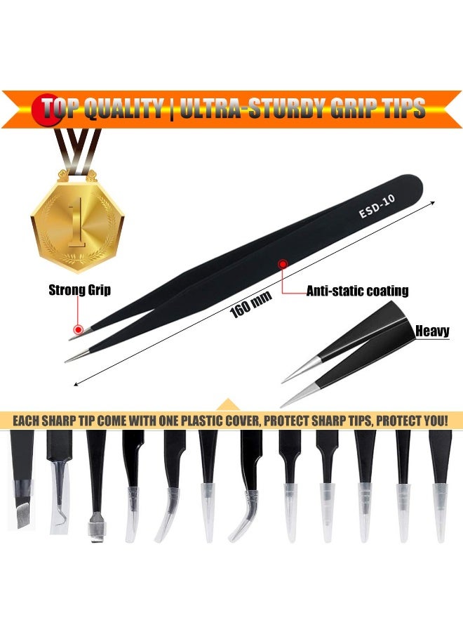 Antonki 12 Pack Precision Tweezers Set for Craft, Soldering, Jewelry, Facial Hair, Eyebrow, Ingrown Hair Removal, Eyelash Extension- with Case - Image 2