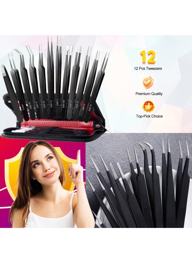 Antonki 12 Pack Precision Tweezers Set for Craft, Soldering, Jewelry, Facial Hair, Eyebrow, Ingrown Hair Removal, Eyelash Extension- with Case - Image 4