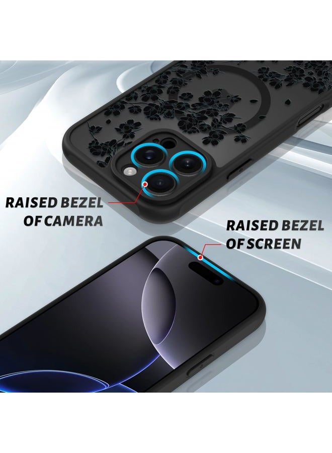 OOK Case for iPhone 16 Pro Max 6.9 Inch (Compatible with MagSafe) Floral Flowers Design Translucent Phone Cover Soft TPU + Hard PC Anti-Scratch Shockproof Magnetic Cute Case for Women - Black - Image 3