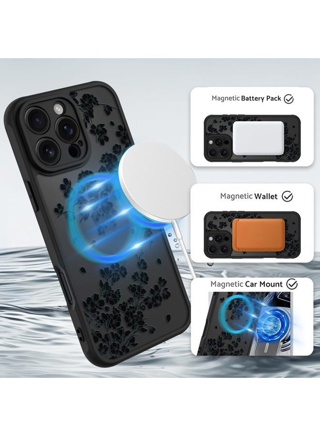 OOK Case for iPhone 16 Pro Max 6.9 Inch (Compatible with MagSafe) Floral Flowers Design Translucent Phone Cover Soft TPU + Hard PC Anti-Scratch Shockproof Magnetic Cute Case for Women - Black - Image 2