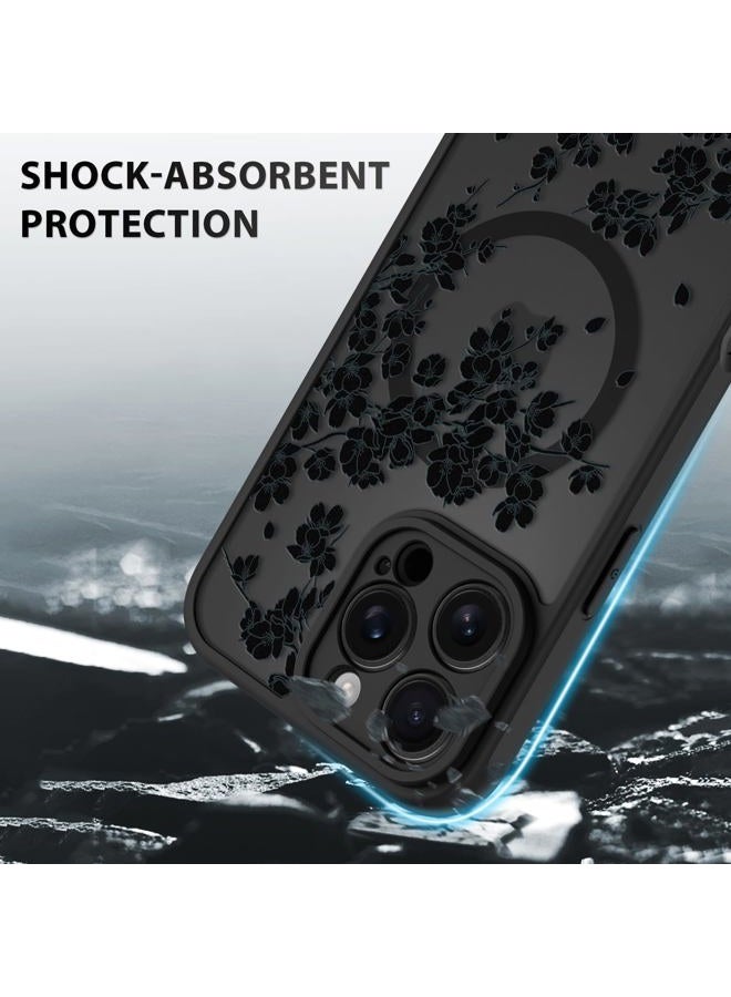 OOK Case for iPhone 16 Pro Max 6.9 Inch (Compatible with MagSafe) Floral Flowers Design Translucent Phone Cover Soft TPU + Hard PC Anti-Scratch Shockproof Magnetic Cute Case for Women - Black - Image 4