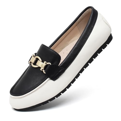 Cvistpieo Loafers for Women Business Casual Shoes Comfortable & Lightweight Penny Loafers Slip On Work Flats Leather Black White Size 6 Wide Width