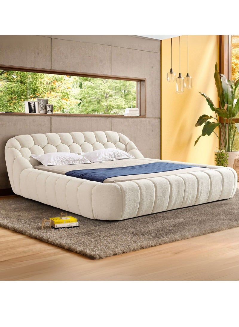 Wooden Twist Bubble Design Modern Cloud Bed In Soft Boucle Fabric (King Size)  - Image 1