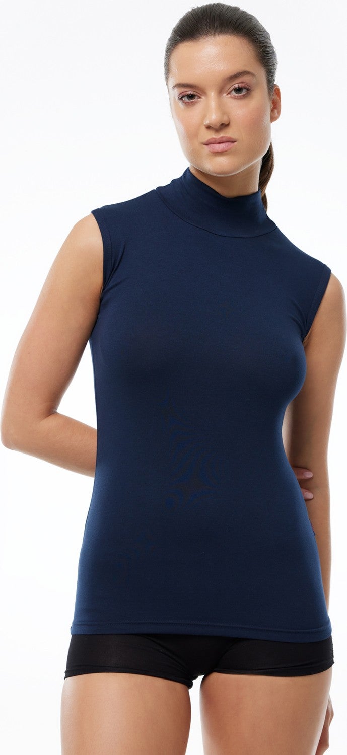 Malabadi Women's Navy Blue Sleeveless Half Turtleneck Modal Bodysuit 1044  - Image 1