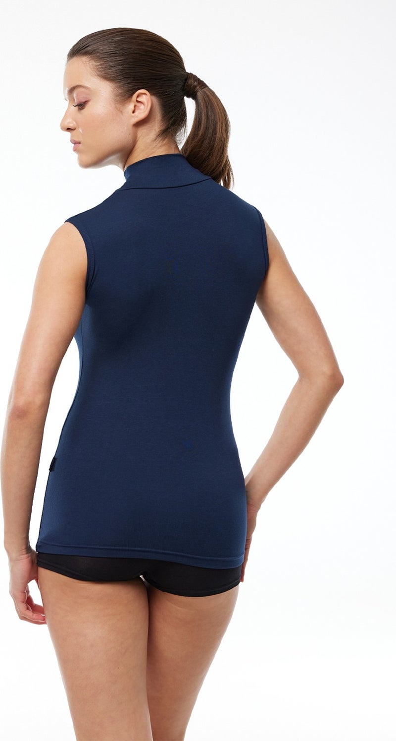 Malabadi Women's Navy Blue Sleeveless Half Turtleneck Modal Bodysuit 1044  - Image 3