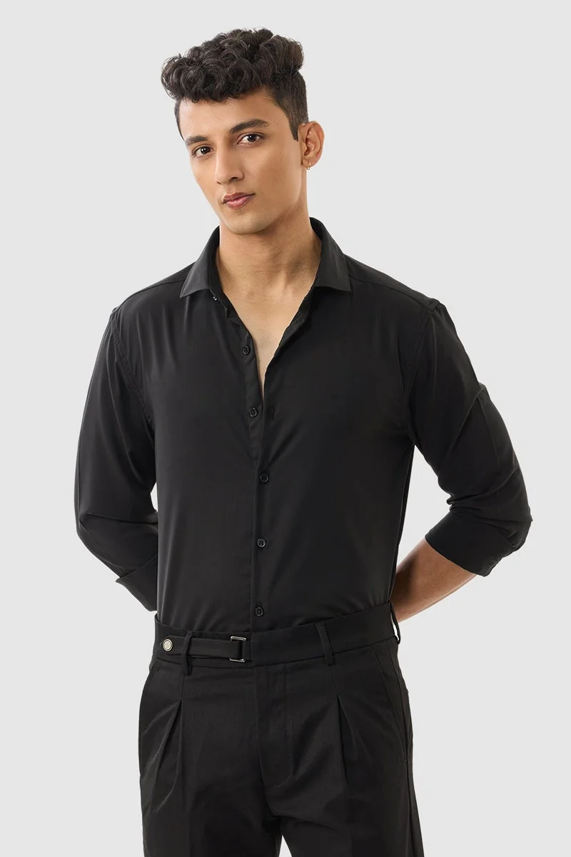 SNITCH Black Black Solid Long Sleeve Slim Fit Luxe Shirt for Men | Best Price UAE