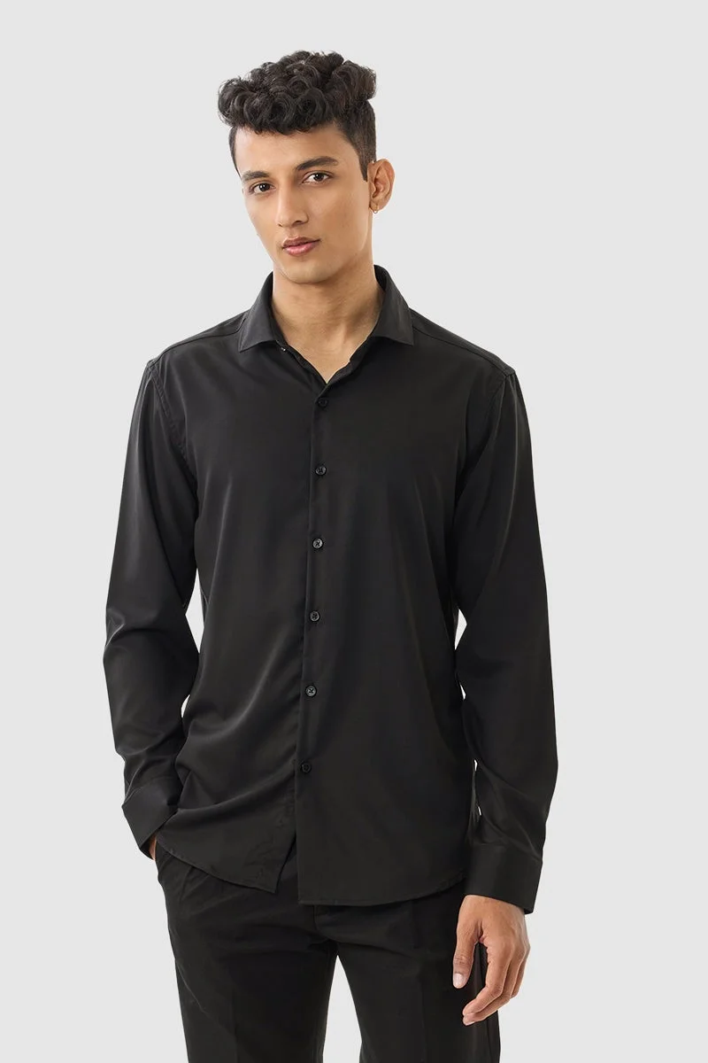 سنيتش Black Solid Long Sleeve Slim Fit Luxe Shirt