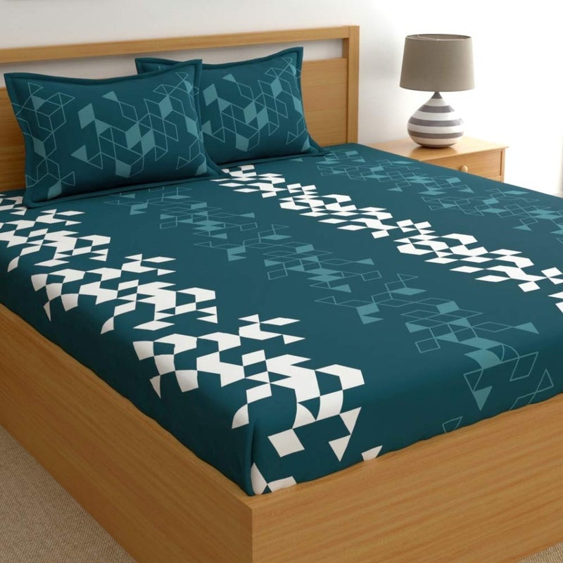 Dreamscape 100 Cotton King Bedsheet with 2 Pillow Covers Size 108 x 108 inches 144 TC Colour Teal Blue - Image 1