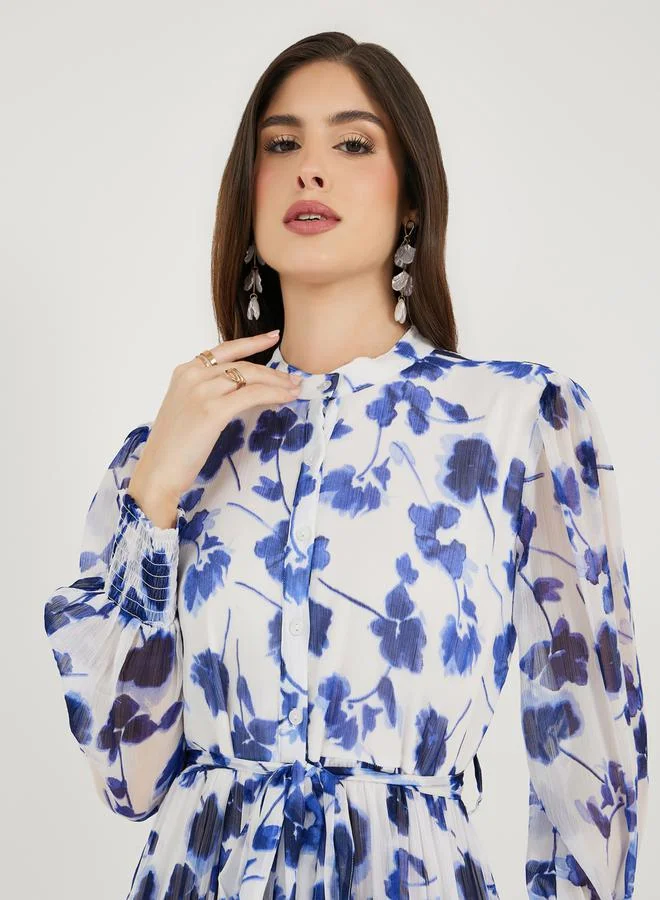 Styli Floral Print Long Sleeves Shirt Maxi Dress