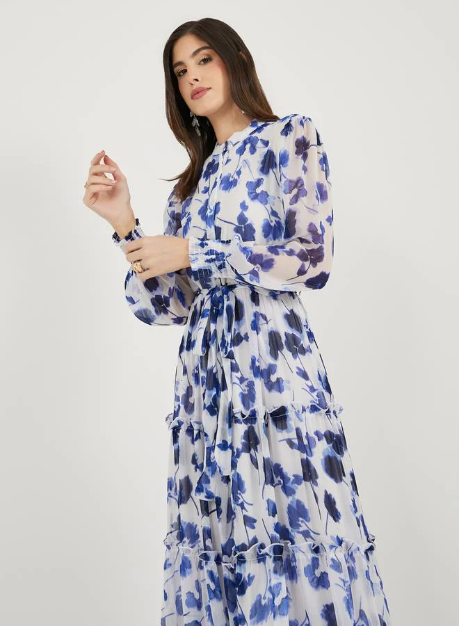 Styli Floral Print Long Sleeves Shirt Maxi Dress