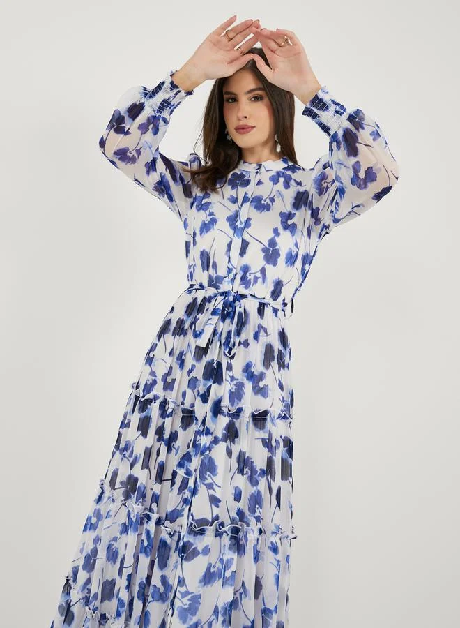Styli Floral Print Long Sleeves Shirt Maxi Dress