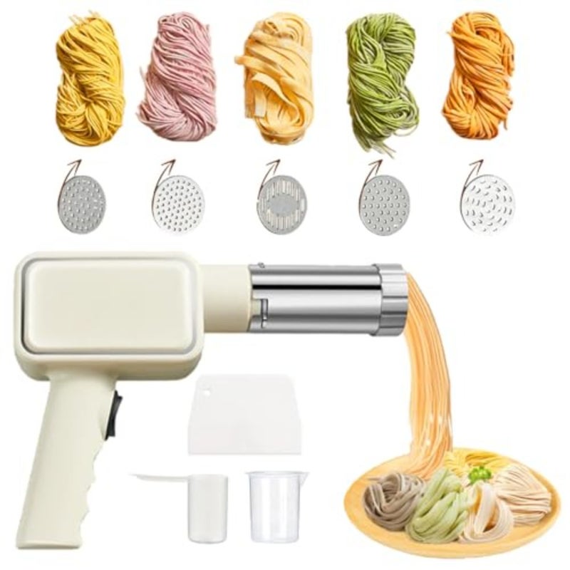 Home pasta making: electric cordless pasta maker machine with 5 molds, white ABS plastic, portable automatic spaghetti and ramen noodle maker for fresh pasta lovers - Image 1
