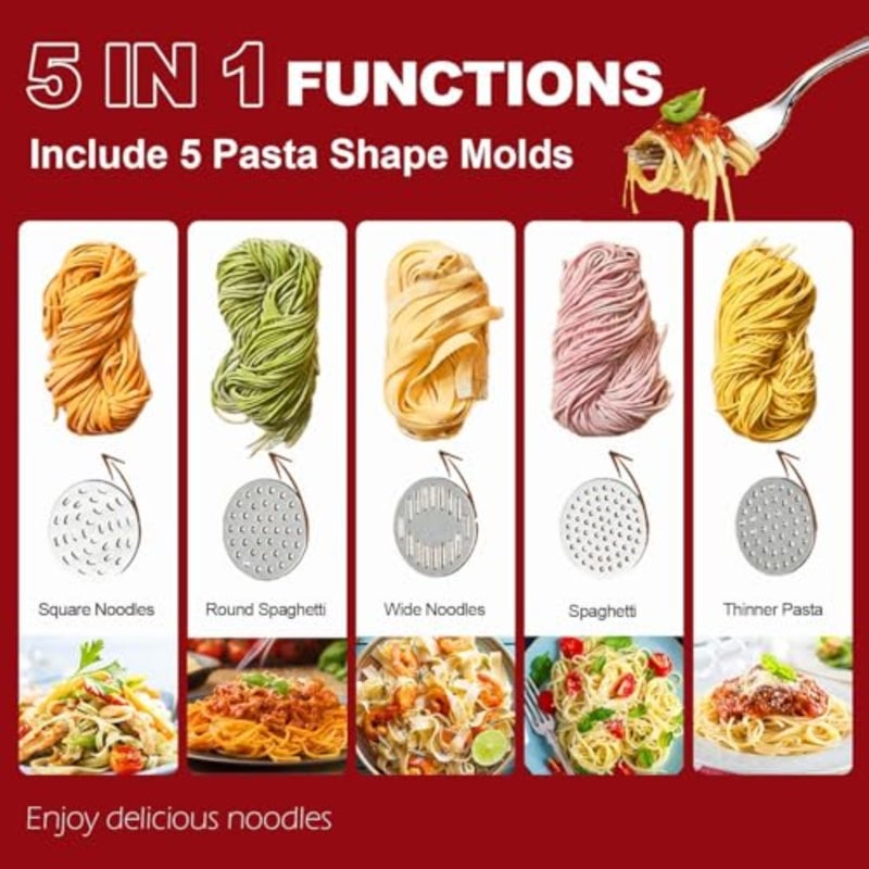 Home pasta making: electric cordless pasta maker machine with 5 molds, white ABS plastic, portable automatic spaghetti and ramen noodle maker for fresh pasta lovers - Image 2