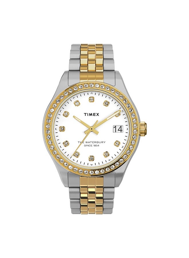 تيميكس ساعة TIMEX النسائية بهيكل من الفولاذ المقاوم للصدأ الفضي وسوار من الفولاذ المقاوم للصدأ الفضي والذهبي - Image 1