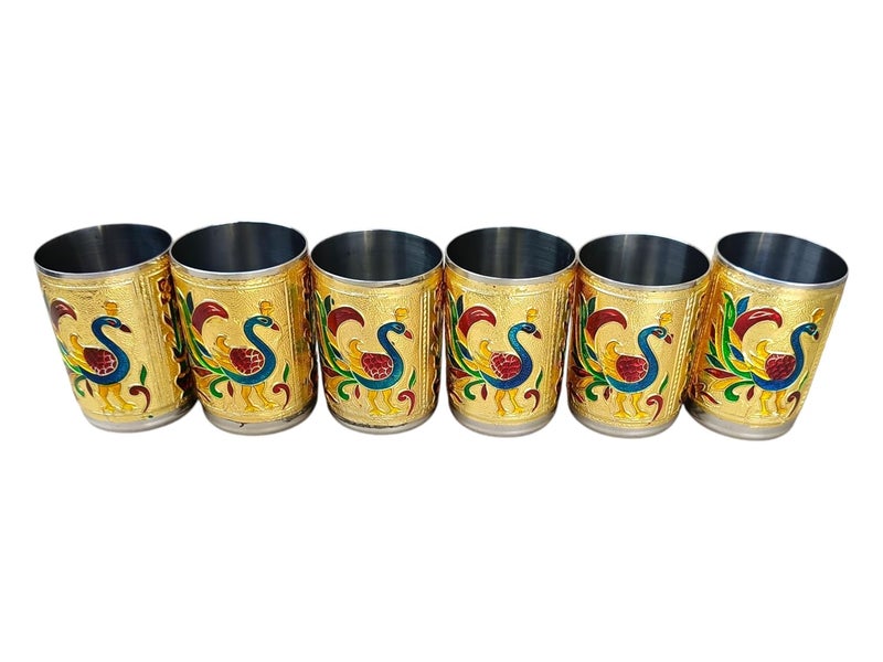 CRAFTS WORLD Stainless Steel Handmade Meenakari Peacock Design Decorative Serving Glass Set WaterJuice Glass Set for Home Traditional Indian Style Set of 6 Glasses Return GiftsGolden Color 250 ml - Image 1