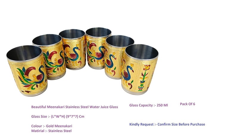 CRAFTS WORLD Stainless Steel Handmade Meenakari Peacock Design Decorative Serving Glass Set WaterJuice Glass Set for Home Traditional Indian Style Set of 6 Glasses Return GiftsGolden Color 250 ml - Image 4