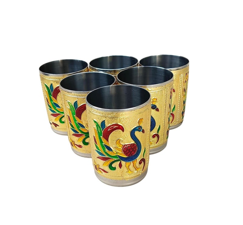 CRAFTS WORLD Stainless Steel Handmade Meenakari Peacock Design Decorative Serving Glass Set WaterJuice Glass Set for Home Traditional Indian Style Set of 6 Glasses Return GiftsGolden Color 250 ml - Image 3