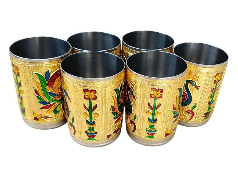 CRAFTS WORLD Stainless Steel Handmade Meenakari Peacock Design Decorative Serving Glass Set WaterJuice Glass Set for Home Traditional Indian Style Set of 6 Glasses Return GiftsGolden Color 250 ml - Image 2