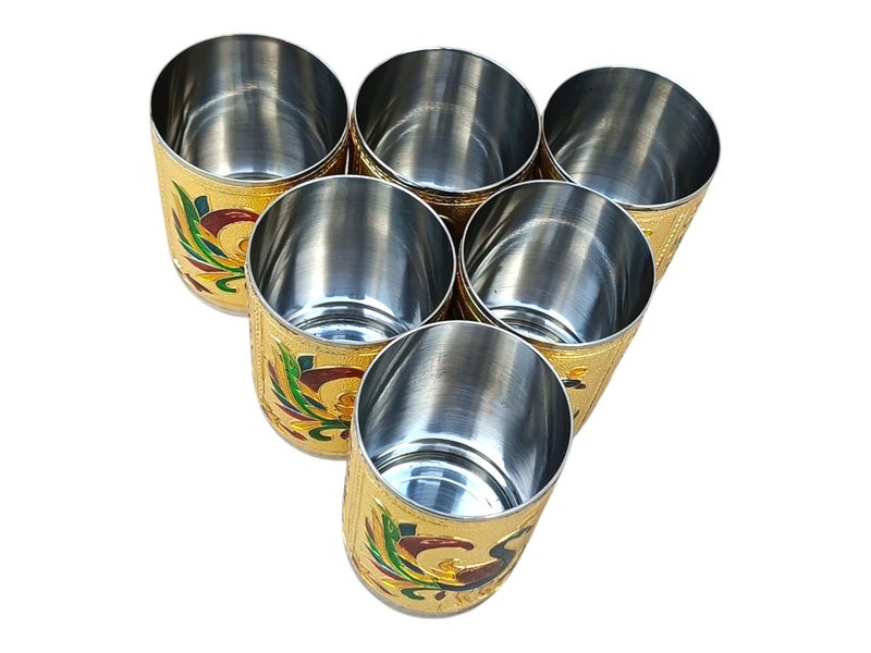 CRAFTS WORLD Stainless Steel Handmade Meenakari Peacock Design Decorative Serving Glass Set WaterJuice Glass Set for Home Traditional Indian Style Set of 6 Glasses Return GiftsGolden Color 250 ml - Image 5