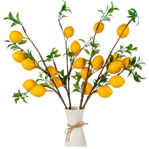TORINALITAL 4Pcs Artificial Lemons Branch, 19 Inch Vivid Yellow Fake Lemons Branch with Green Leaf and Adjustable Branch, Lemon Decor for Home Kitchen, Graden, Office Desk, Party Summer Decorations - Image 1