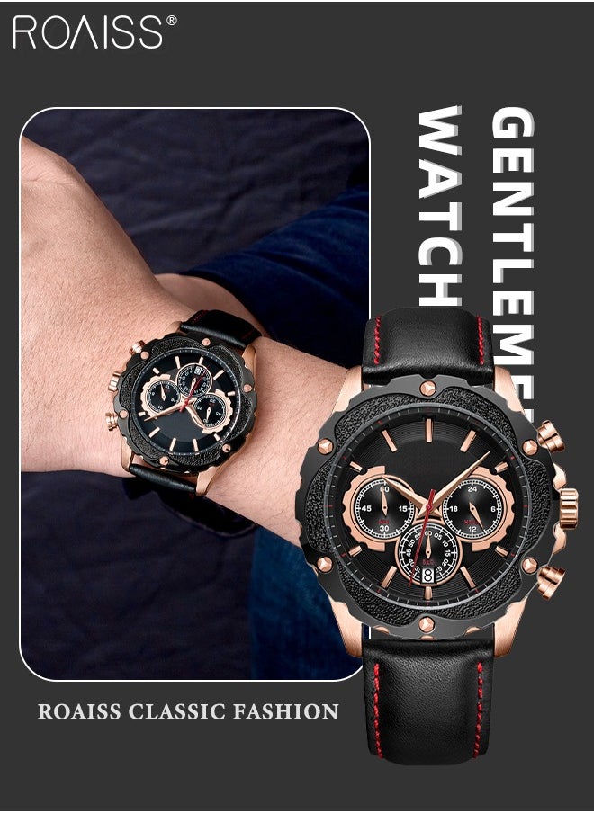 roaiss - Leather Strap Quartz Watches for Men Analog Display Gear Shape Dial Chronograph Sports Watch with Date Display Waterproof as Gift for Men - Image 1