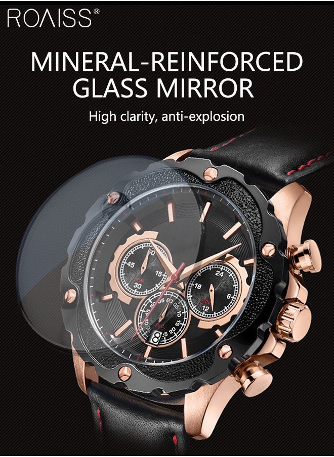 roaiss - Leather Strap Quartz Watches for Men Analog Display Gear Shape Dial Chronograph Sports Watch with Date Display Waterproof as Gift for Men - Image 1