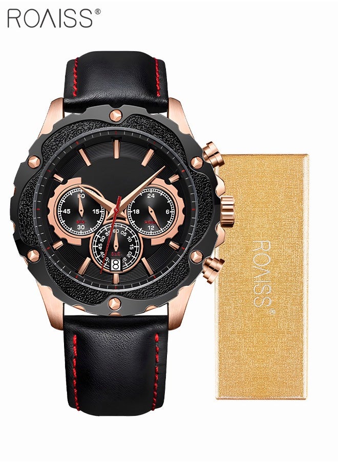 roaiss - Leather Strap Quartz Watches for Men Analog Display Gear Shape Dial Chronograph Sports Watch with Date Display Waterproof as Gift for Men - Image 1