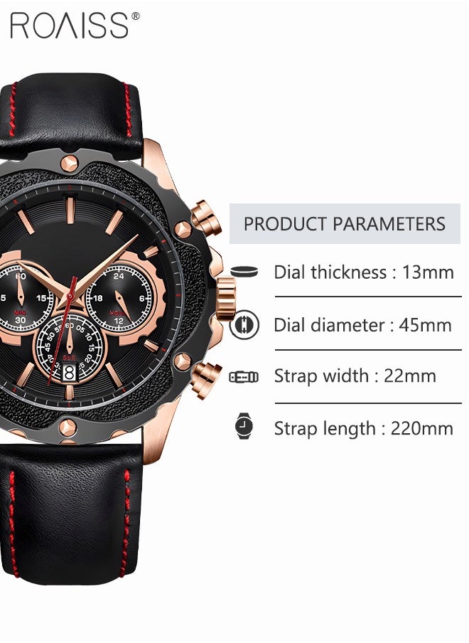roaiss - Leather Strap Quartz Watches for Men Analog Display Gear Shape Dial Chronograph Sports Watch with Date Display Waterproof as Gift for Men - Image 1