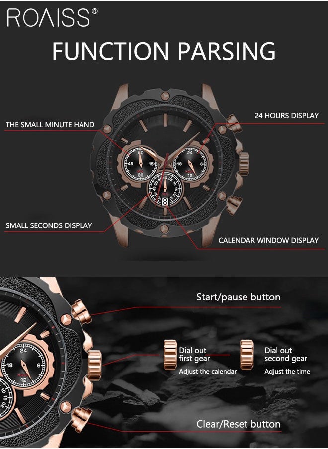roaiss - Leather Strap Quartz Watches for Men Analog Display Gear Shape Dial Chronograph Sports Watch with Date Display Waterproof as Gift for Men - Image 1