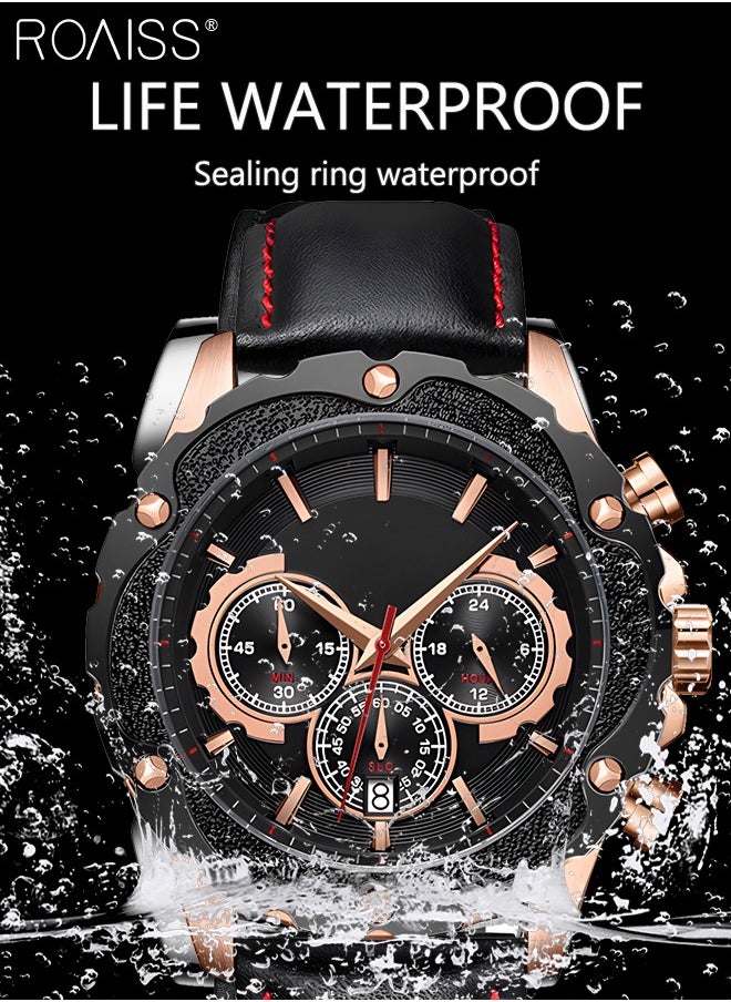 roaiss - Leather Strap Quartz Watches for Men Analog Display Gear Shape Dial Chronograph Sports Watch with Date Display Waterproof as Gift for Men - Image 1