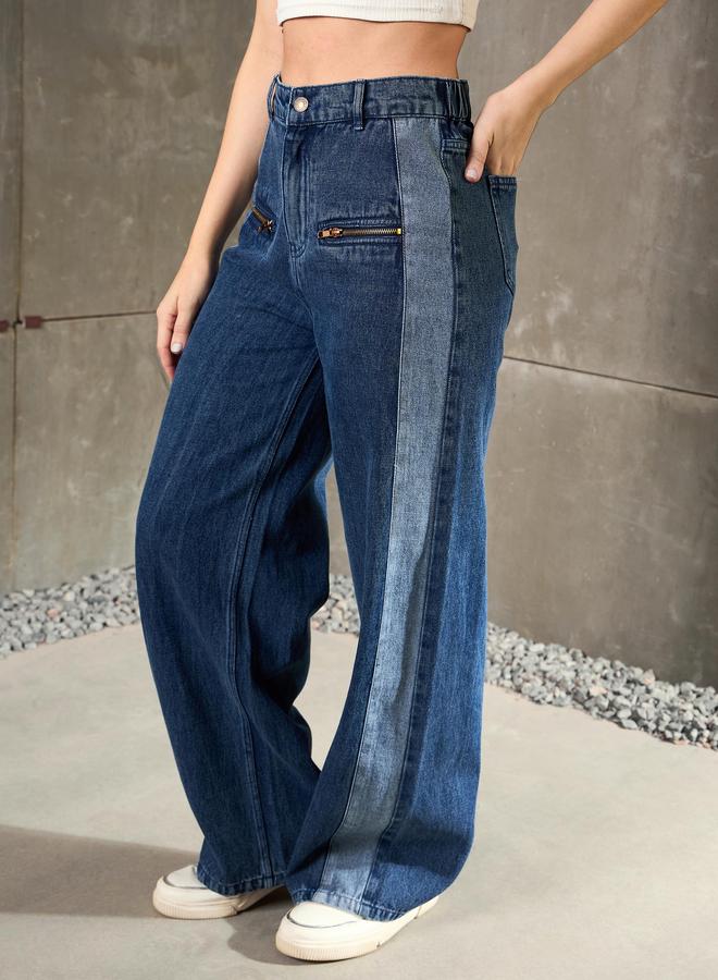 ساسافراس جينز واسع بخصر مرتفع وتفاصيل سحاب بلون كحلي - Image 3