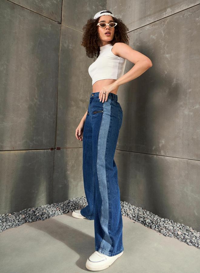 ساسافراس جينز واسع بخصر مرتفع وتفاصيل سحاب بلون كحلي - Image 2