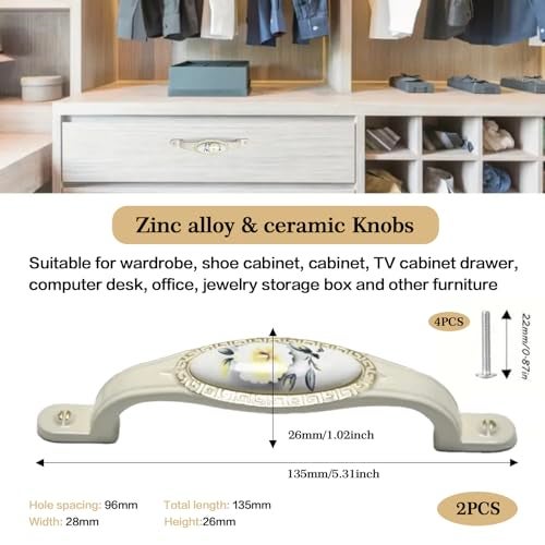 Oligitdi 2PCS Ceramic Door Handle Gold Antique Finish, Zinc Alloy Antique for Wardrobe Cabinet Drawer Home Decoration (Flower) - Image 5