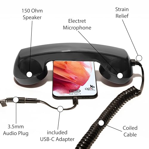 Opis Technology Opis 60s Micro : Retro Phone Handset with USB-C and AUX 3.5mm Plug as a Classic Vintage Telephone Receiver for Cell Mobile Phones (Black) - Image 3