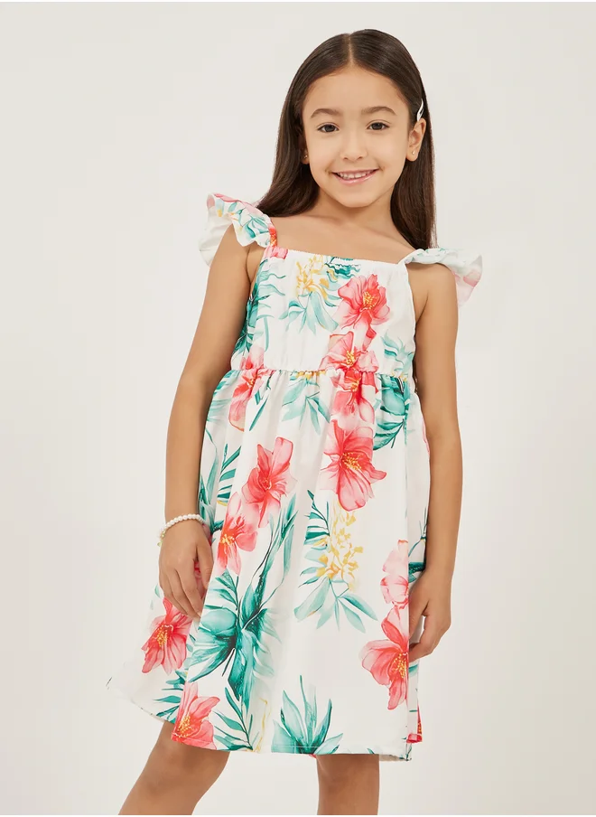 Styli Floral Print Ruffle Trim Dress