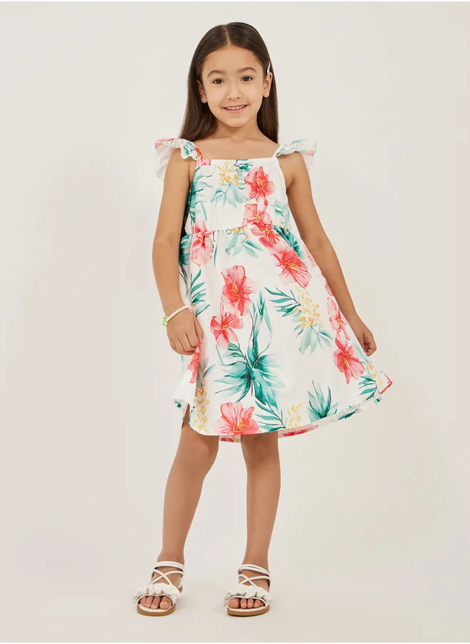 Styli Floral Print Ruffle Trim Dress