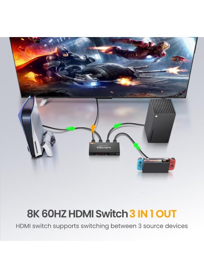 3 Port HDMI 2.1 Switch, 8K HDMI Switch 3 In 1 Out, HDMI Switch 4K@120Hz, HDMI Switcher Selector With Remote Support Auto Switch, Vision/Atmos, 8K@60Hz, 48Gbps, HDR, HDCP2.3 - Image 5
